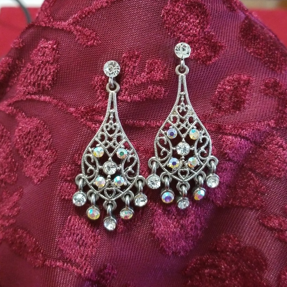 Chandelier Silver Pierced Earrings w/ Stones